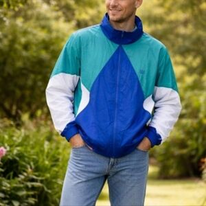 Vintage USA Colorblock Windbreaker Jacket Size L Blue Green Retro 90s Jacket